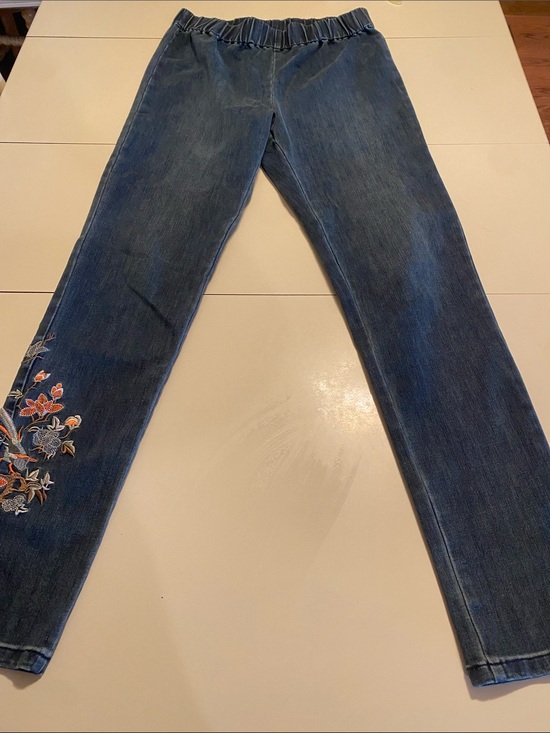 Soft Surroundings Denim - Soft Surroundings Dark Blue Embroidered Stretch Pull-On Jeans-8 Tall Casual Fall